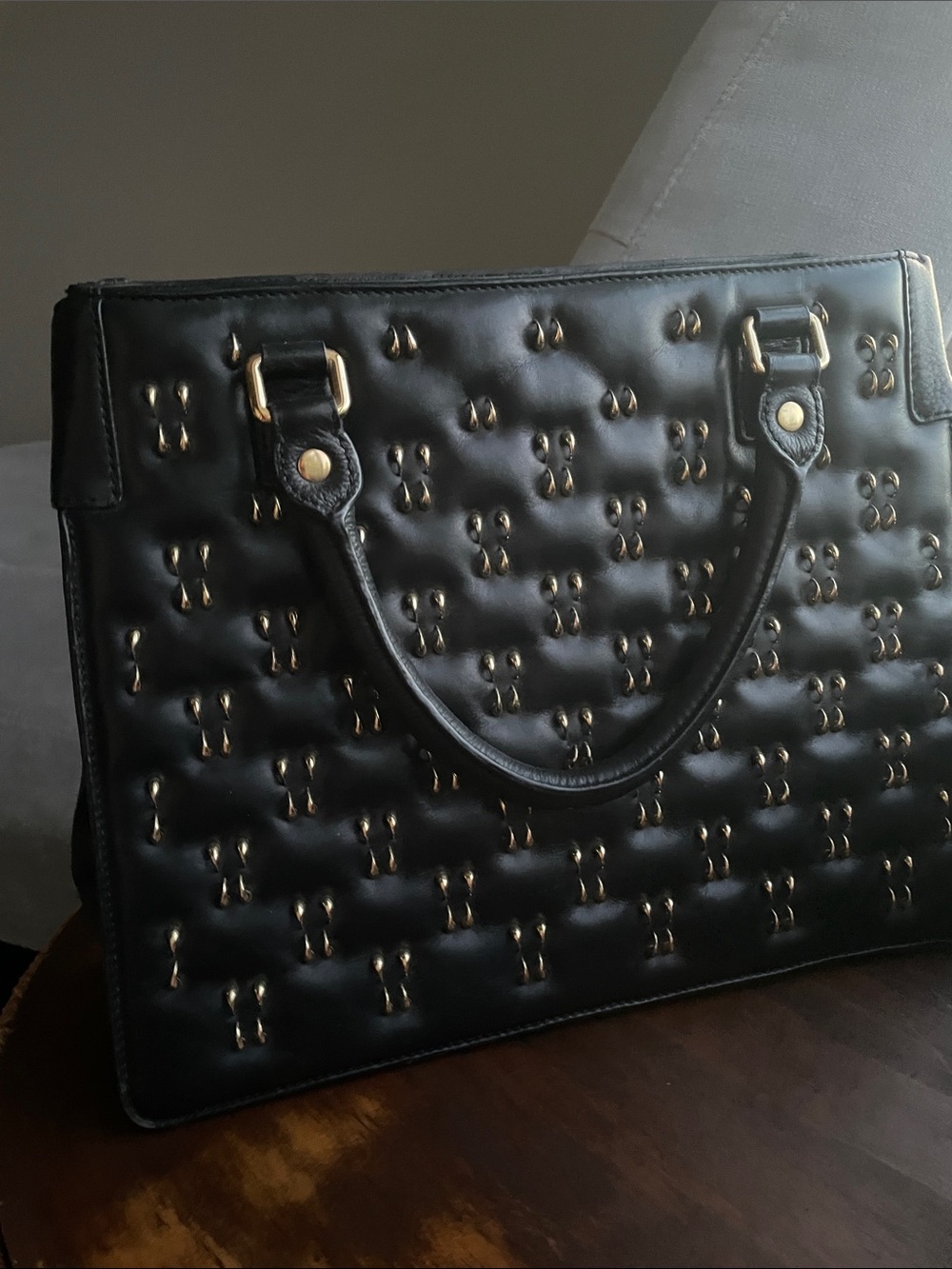 Olivia Harris Tribeca Black Hunger Quilted Satchel with Gold Stud Detailing - Picture 3 of 6